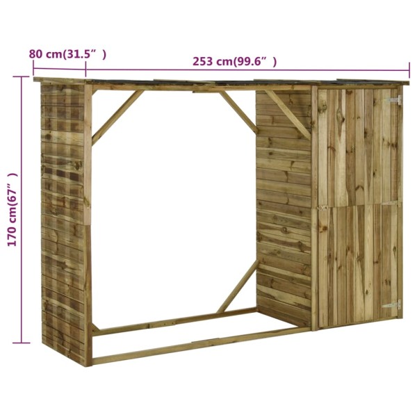 Caseta leña y herramientas jardín madera pino 253x80x170 cm