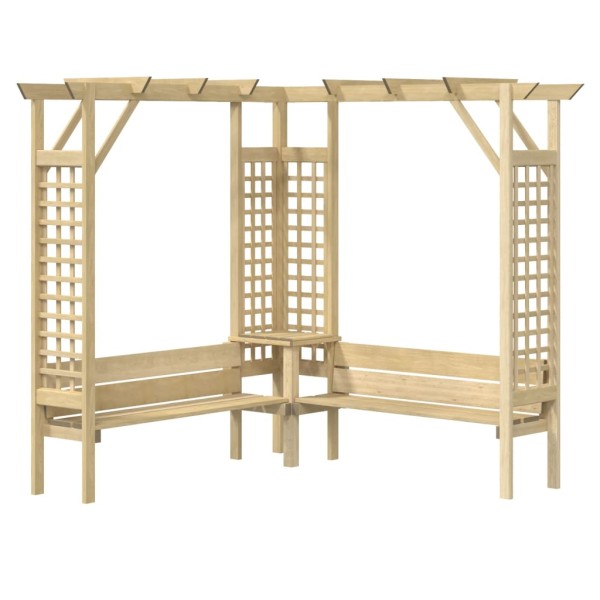 Pérgola de esquina con banco de madera de pino impregnada