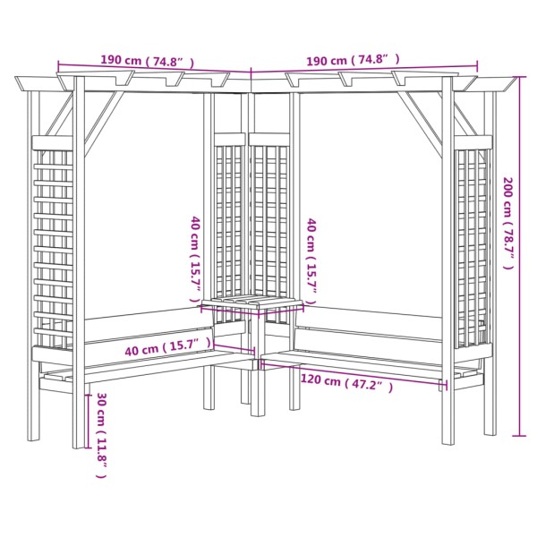 Pérgola de esquina con banco de madera de pino impregnada