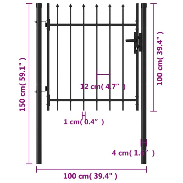 Cancela de valla con una puerta y puntas acero negro 1x1 m