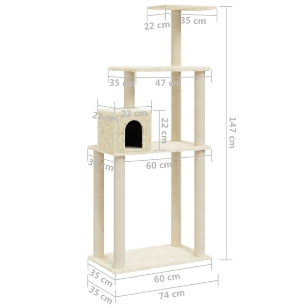 Rascador para gatos con postes de sisal crema 147 cm