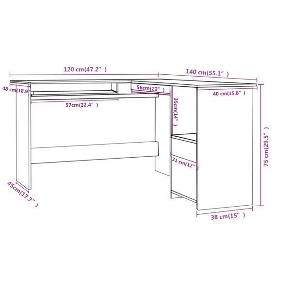 Escritorio forma de L madera contrachapada negro 120x140x75 cm