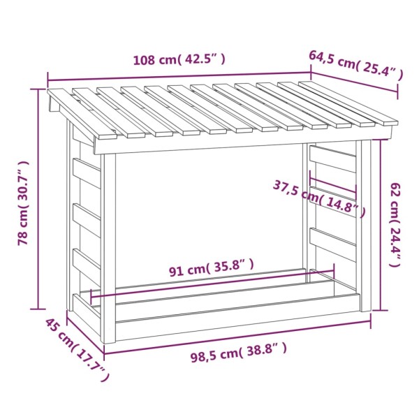 Leñero de madera maciza de pino 108x64,5x78 cm