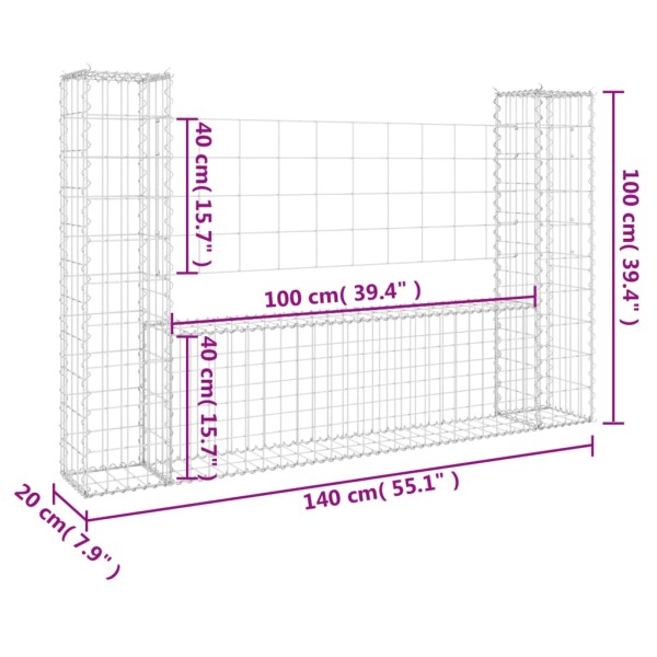 Cesta de gaviones forma de U 2 postes de hierro 140x20x100 cm