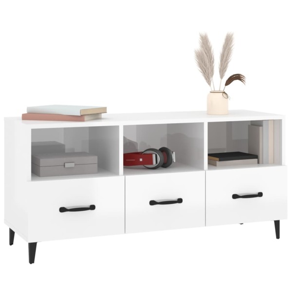 Mueble de TV madera contrachapada blanco brillo 102x35x50 cm