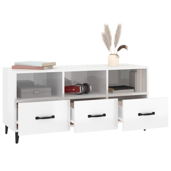 Mueble de TV madera contrachapada blanco brillo 102x35x50 cm