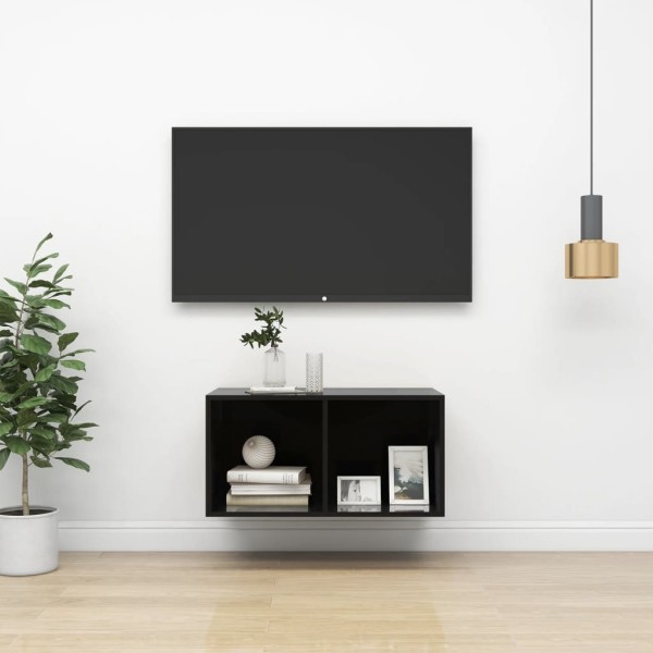 Mueble TV de pared madera contrachapada negro brillo 37x37x72cm