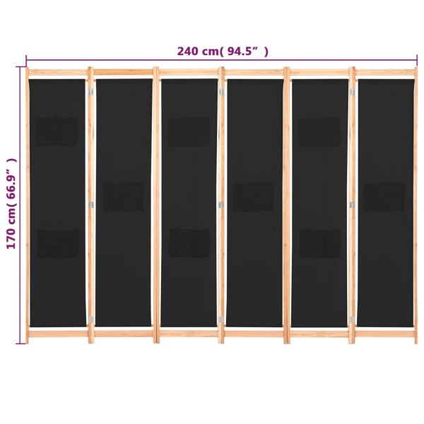 Biombo divisor de 6 paneles de tela negro 240x170x4 cm