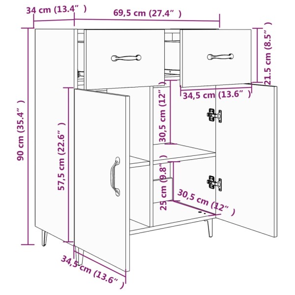 Aparador de madera contrachapada blanco brillante 69,5x34x90 cm