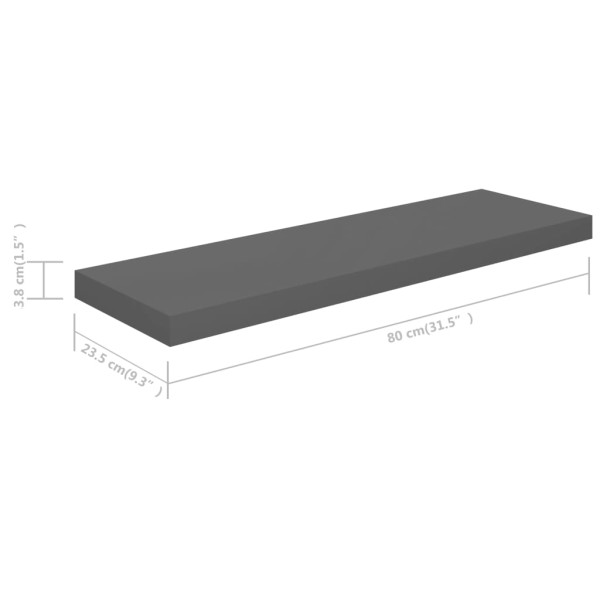 Estante flotante de pared MDF gris brillo 80x23,5x3,8 cm