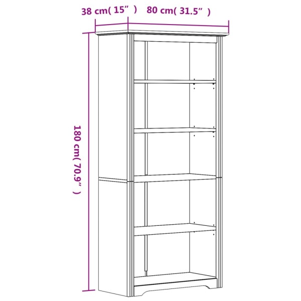 Librería BODO 5 estantes madera maciza pino marrón 80x38x180 cm