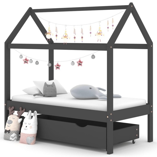 Estructura de cama infantil y cajón madera pino gris 70x140cm