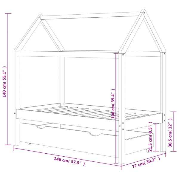 Estructura de cama infantil y cajón madera pino gris 70x140cm