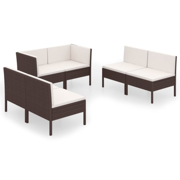 Set muebles de jardín 6 pzas y cojines ratán sintético marrón