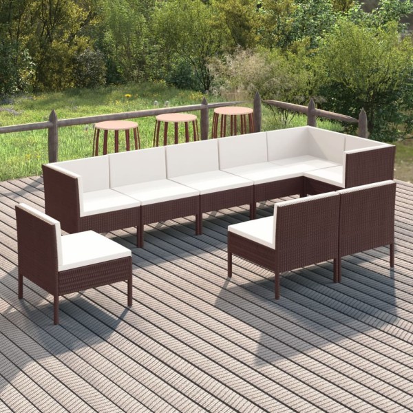 Set muebles de jardín 9 piezas y cojines ratán sintético marrón