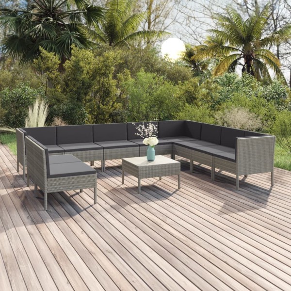 Set de muebles de jardín 11 pzas y cojines ratán sintético gris