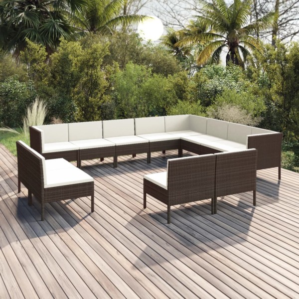 Set muebles de jardín 12 pzas y cojines ratán sintético marrón