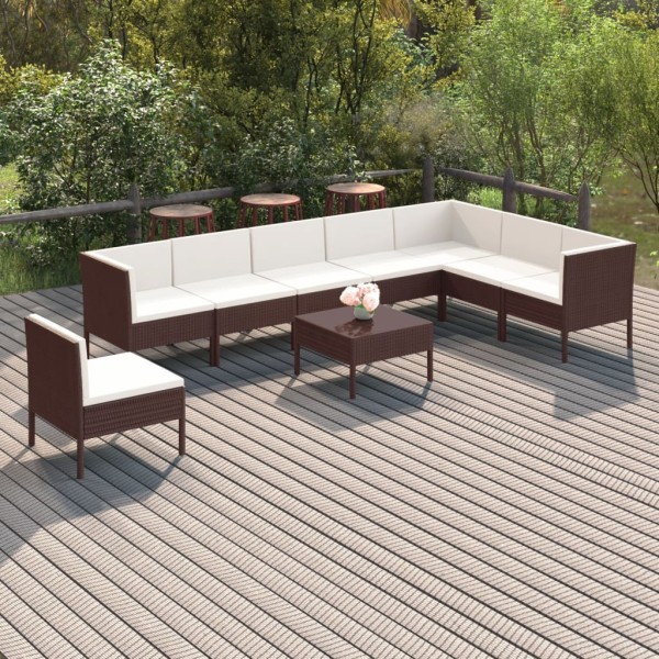 Set muebles de jardín 9 pzas y cojines ratán sintético marrón