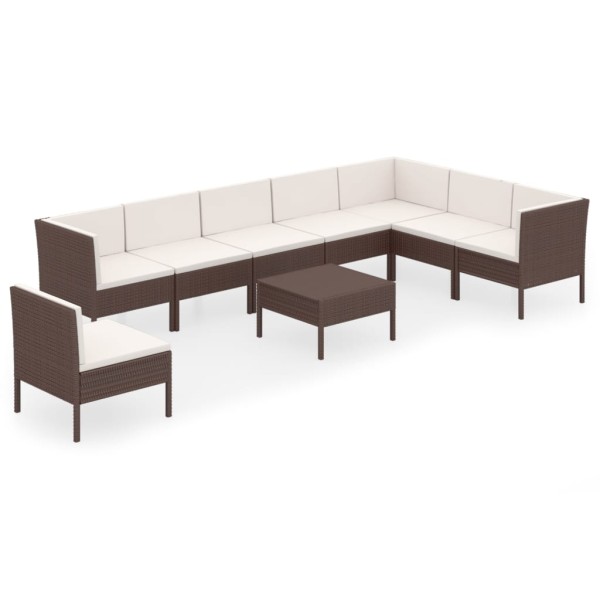 Set muebles de jardín 9 pzas y cojines ratán sintético marrón