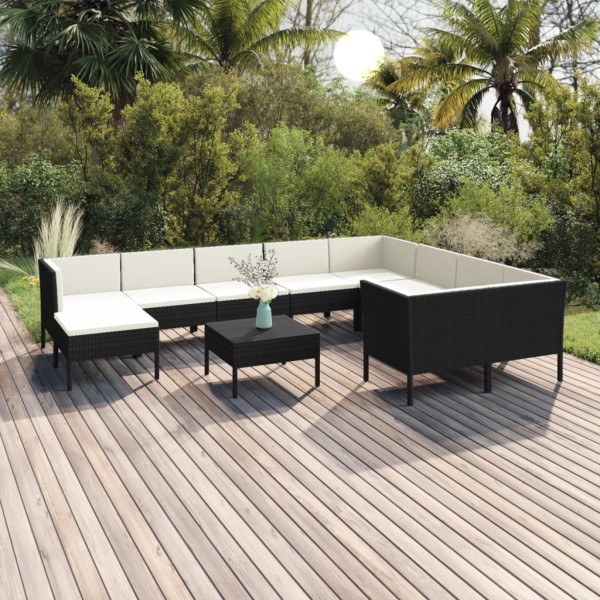 Set muebles de jardín 11 pzas y cojines ratán sintético negro