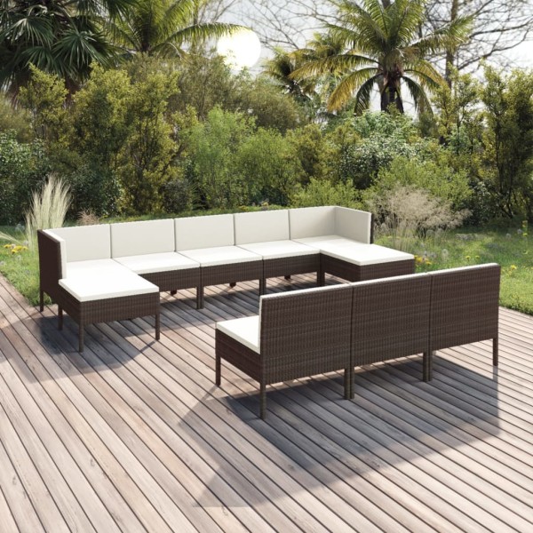 Set muebles de jardín 10 piezas cojines ratán sintético marrón