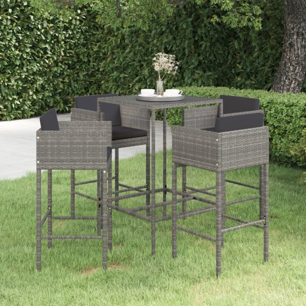 Set muebles de bar jardín 5 pzas y cojines ratán sintético gris