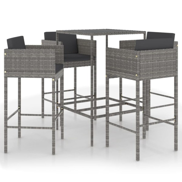 Set muebles de bar jardín 5 pzas y cojines ratán sintético gris