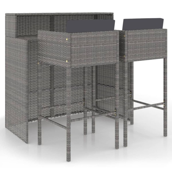 Set de muebles bar jardín 3 pzas y cojines ratán sintético gris