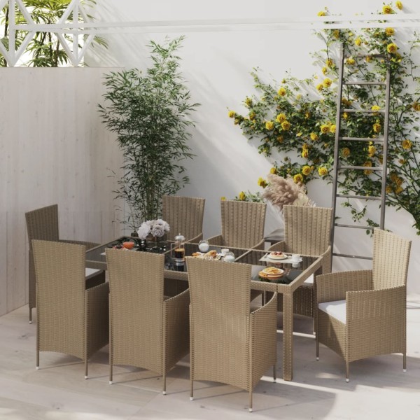 Set de comedor de jardín 9 pzas y cojines ratán sintético beige