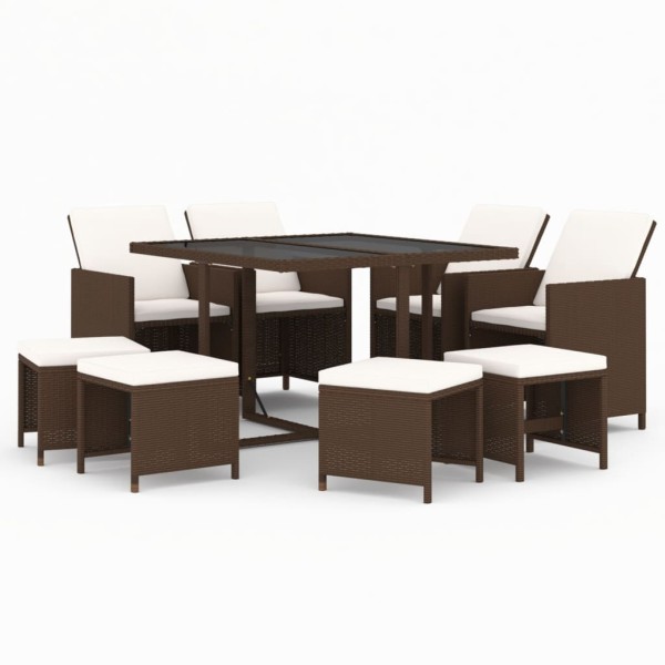 Set de comedor jardín 9 pzas y cojines ratán sintético marrón