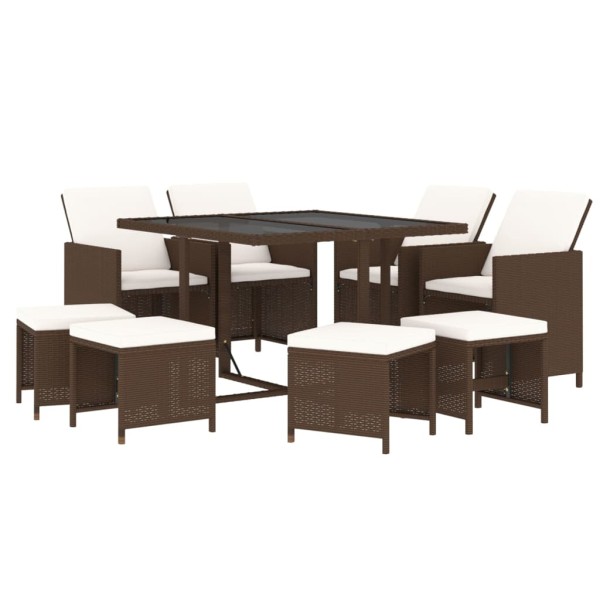 Set de comedor jardín 9 pzas y cojines ratán sintético marrón