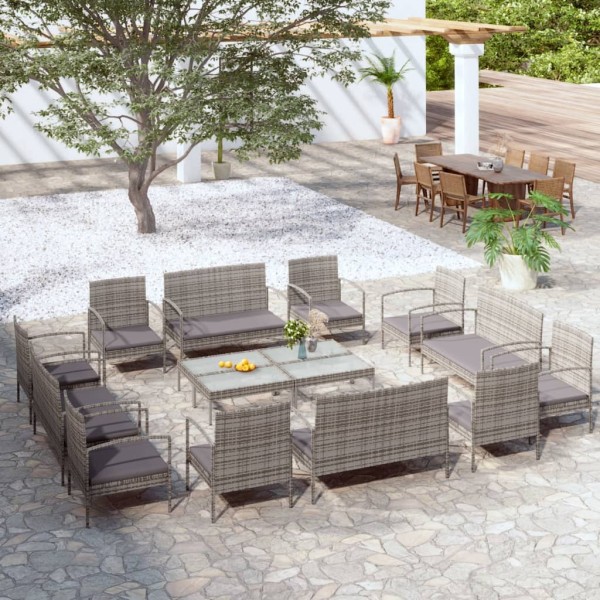 Set de muebles de jardín 16 pzas y cojines ratán sintético gris