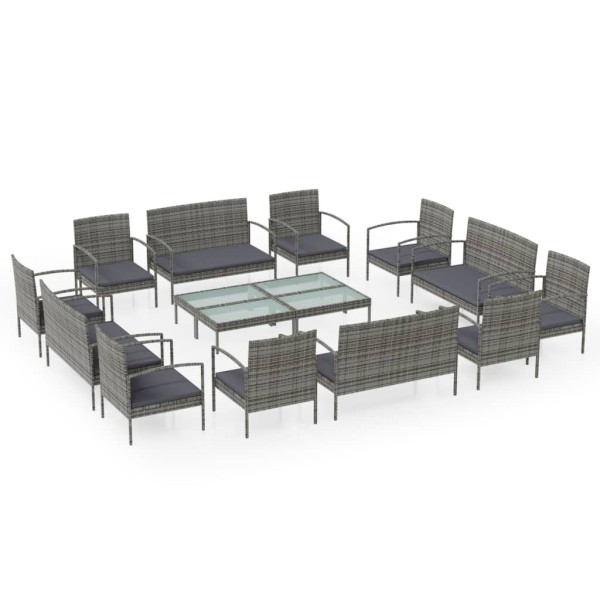 Set de muebles de jardín 16 pzas y cojines ratán sintético gris