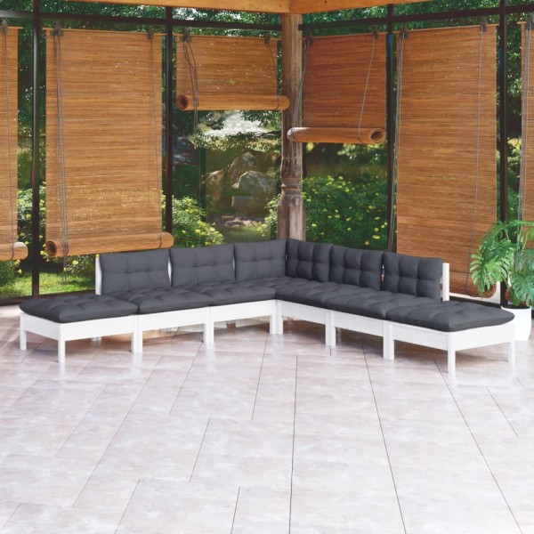 Muebles de jardín 7 pzas con cojines blanco madera de pino