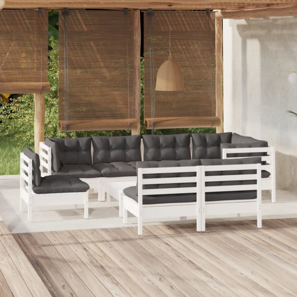 Muebles de jardín 9 pzas y cojines blanco madera maciza de pino