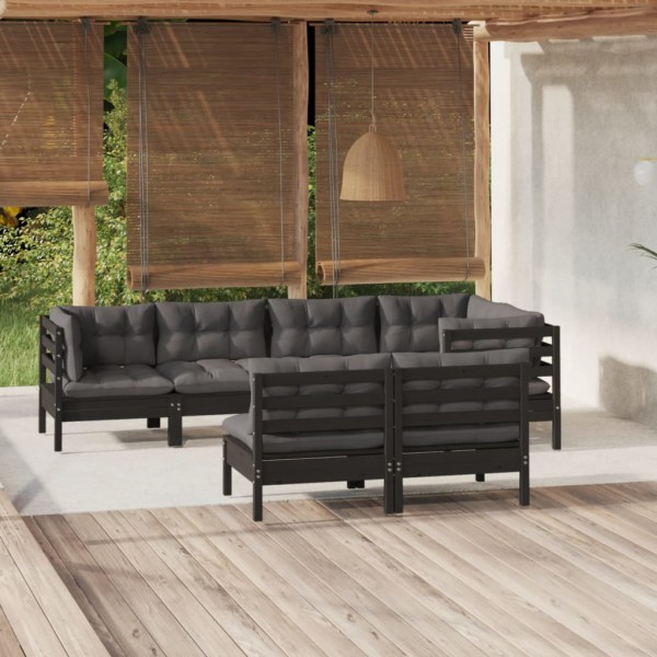 Muebles de jardín 7 pzas y cojines negro madera maciza de pino