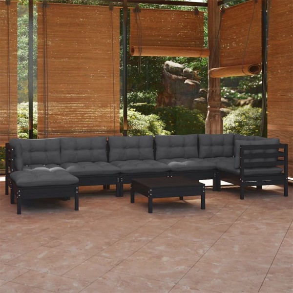 Muebles de jardín 8 pzas y cojines negro madera maciza de pino