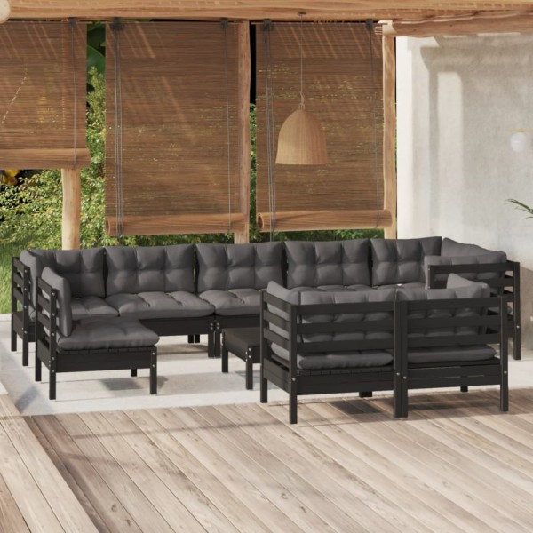 Muebles de jardín 10 pzas con cojines negro madera maciza pino