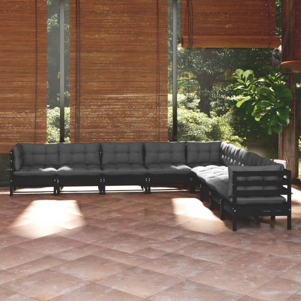 Muebles de jardín 9 pzas y cojines negro madera maciza de pino