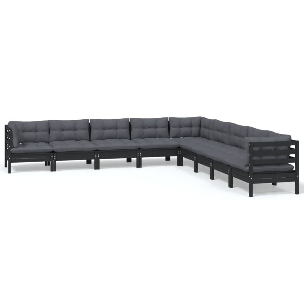 Muebles de jardín 9 pzas y cojines negro madera maciza de pino