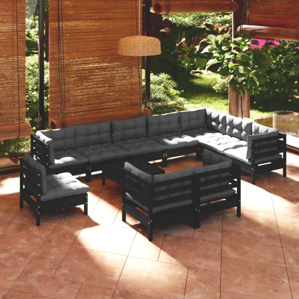 Muebles de jardín 11 pzas con cojines negro madera maciza pino