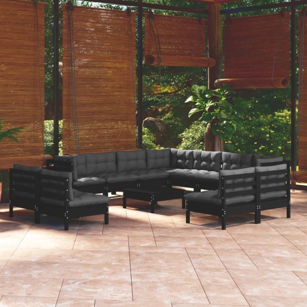 Muebles de jardín 12 pzas con cojines negro madera maciza pino