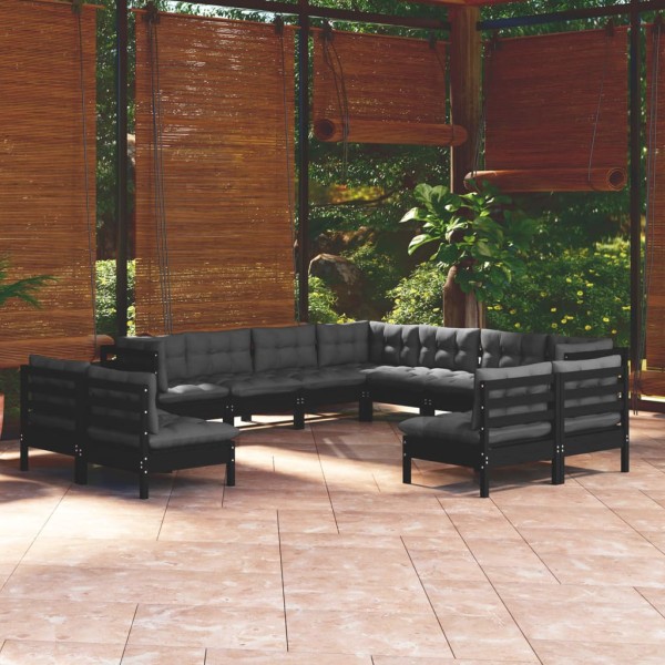 Muebles de jardín 11 pzas y cojines negro madera maciza de pino