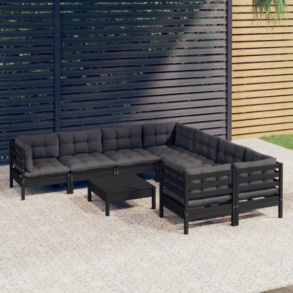 Muebles de jardín 9 pzas y cojines negro madera de pino