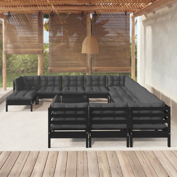 Muebles de jardín 13 pzas con cojines negro madera de pino