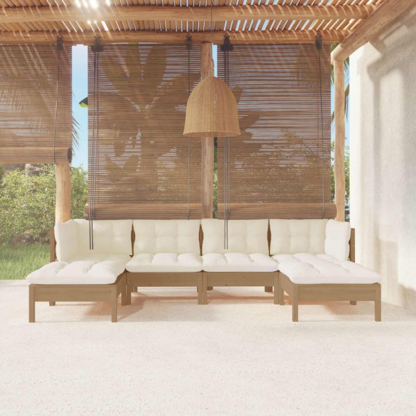 Muebles de jardín 6 pzas y cojines madera de pino marrón miel