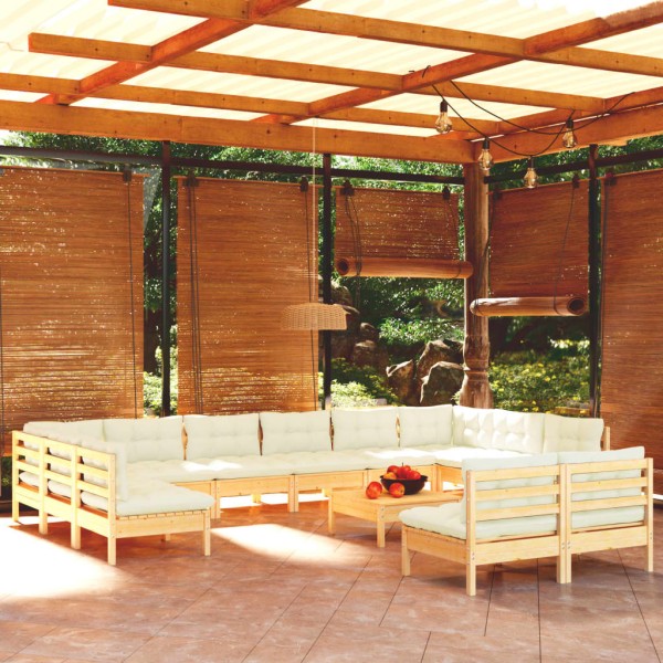 Muebles de jardín 13 pzas y cojines madera maciza de pino crema