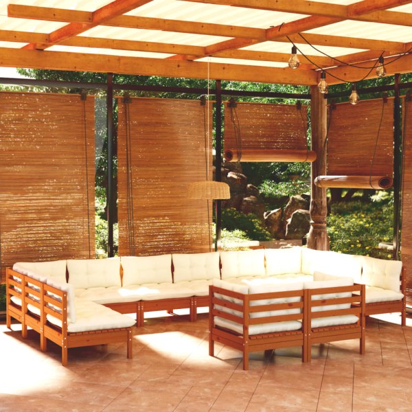 Muebles de jardín 12 pzas y cojines madera de pino marrón miel