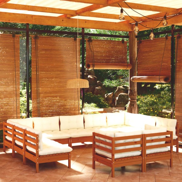 Muebles de jardín 11 pzas y cojines madera de pino marrón miel