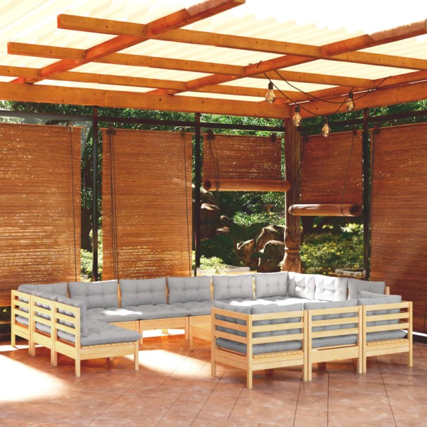 Muebles de jardín 14 pzas y cojines madera de pino gris